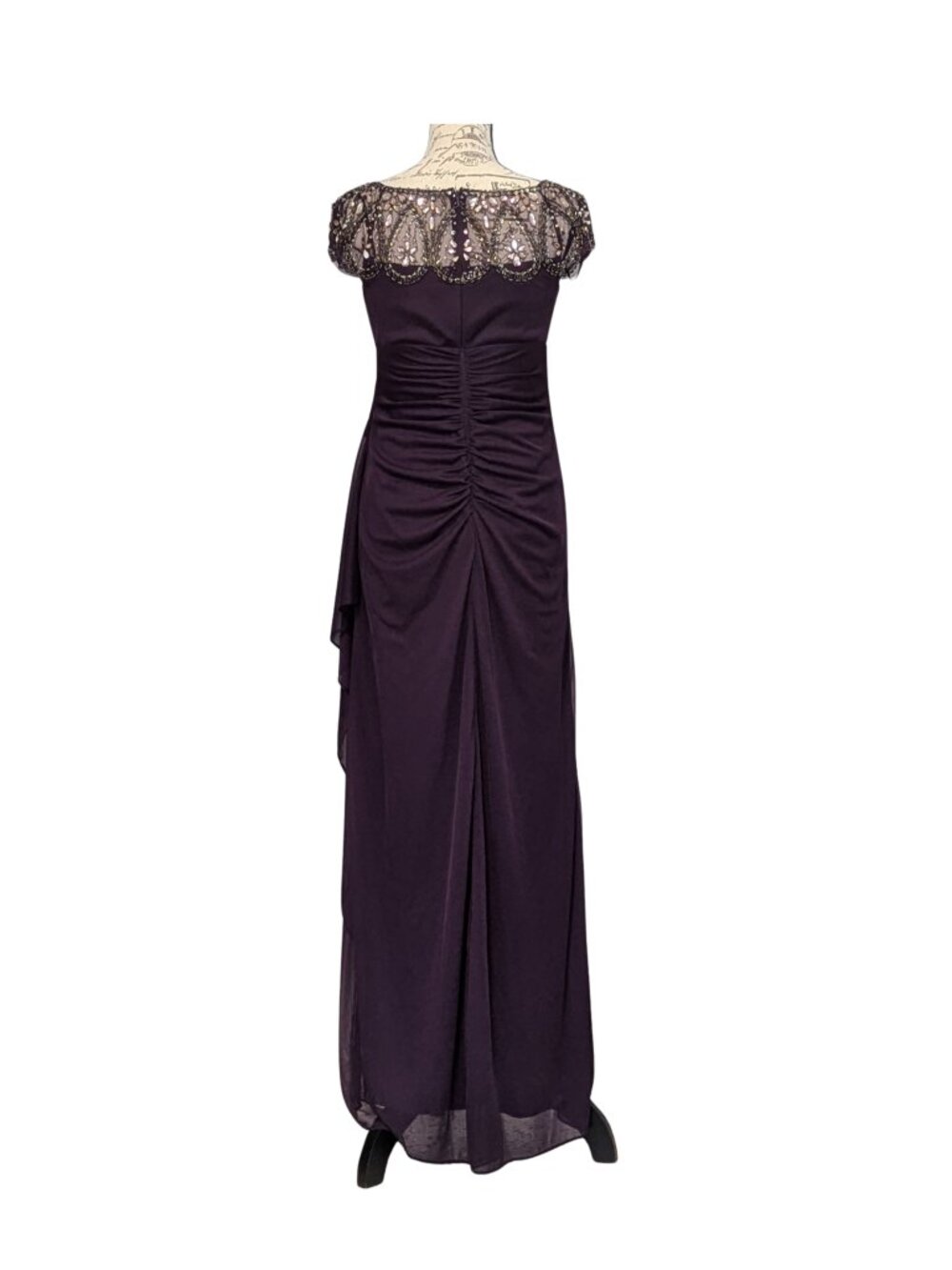 Xscape Plum Embellished Evening Gown Size 6P Beaded Illusion Neckline Maxi - Picture 4 of 9